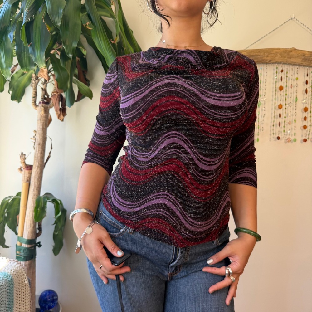 Carol Rose Vintage 90s Whimsigoth Cowl Neck Wavy Glitter Top Purple Burgundy M